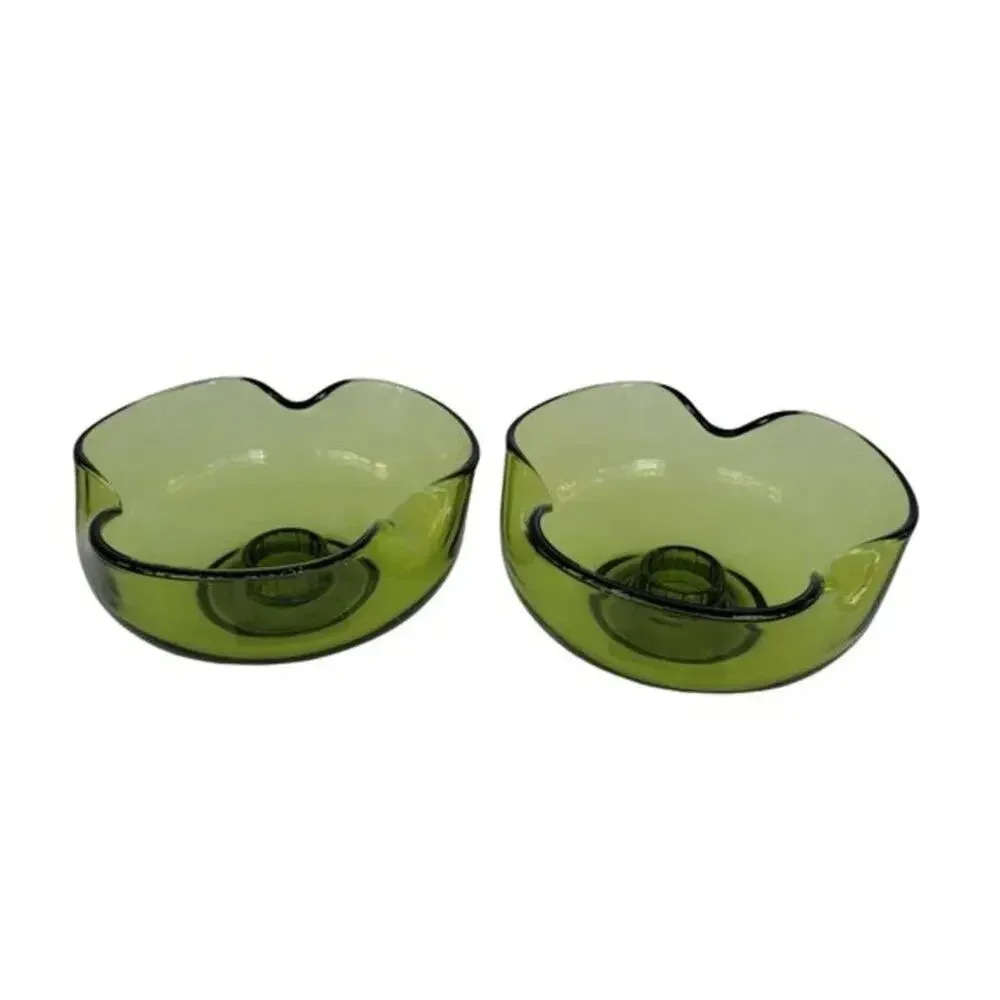 Vintage Green Glass Candle Holders Set of 2 Organic Wavy Retro Decor